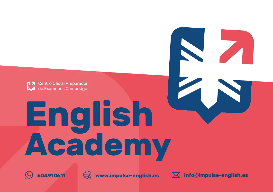 Pieza gráfica azul y coral de Impulse English Academy